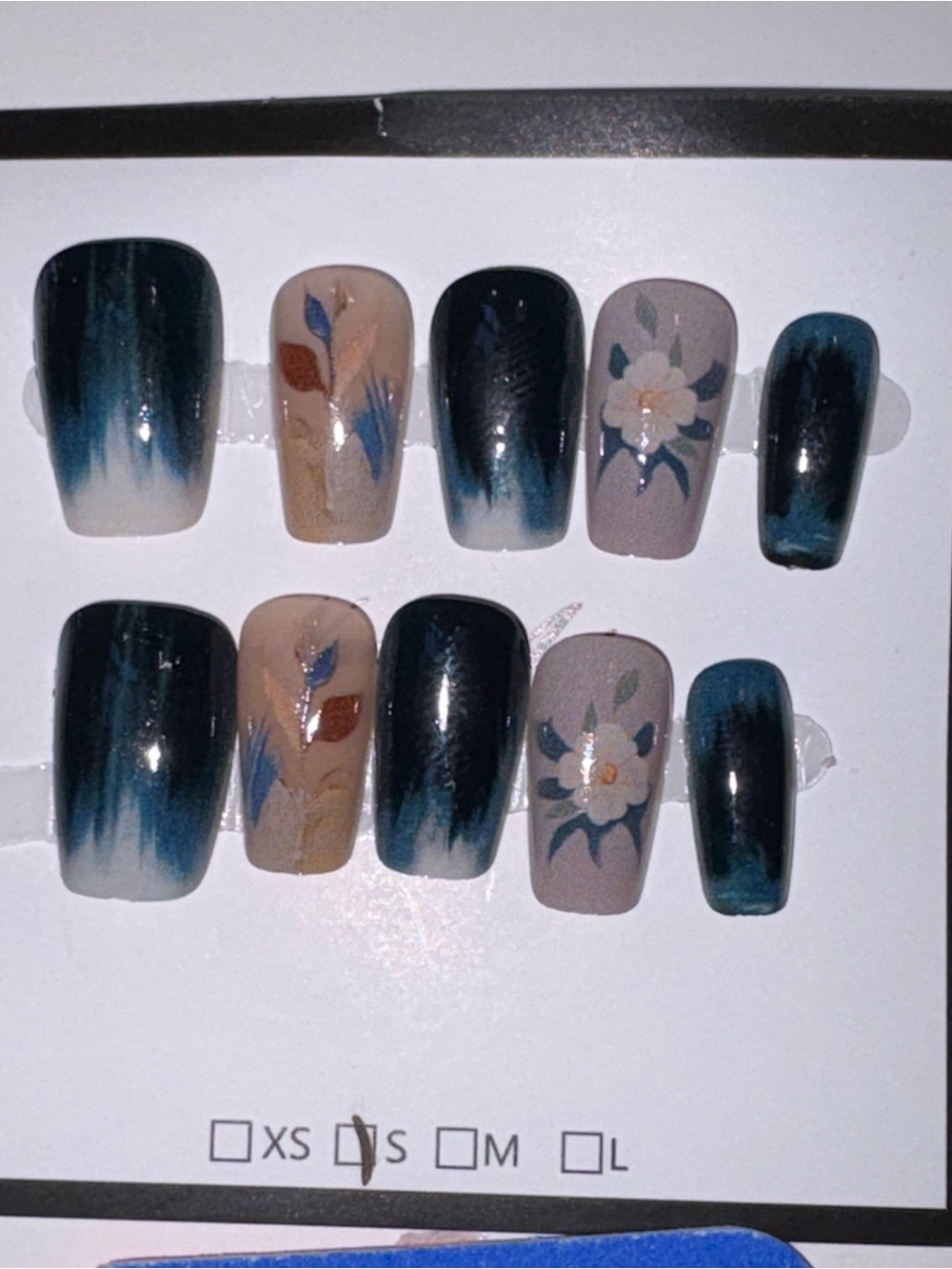 Hand-Painted Blue Ombre & Floral Press-On Nail Set